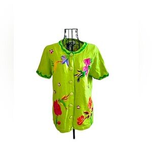 Quaker Factory Lime Green Embroidered Beaded Hummingbird Cardigan Sweater